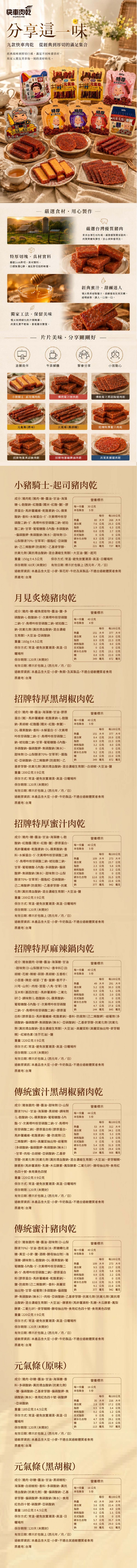 快車肉KUICHE分享這一味九款快車肉 從經典到切的滿足集合經典風味到厚切口感滿足不同味喜好家人朋友共享每一刻的美好時光乾快車原味特厚元氣:元氣條:胡椒雞特厚特厚肉乾 特厚見炙燒小?騎士選食材用心作特厚切塊真材料嚴厚切真材實料口感實Q彈滿足厚切控的味蕾。獨家工法保留美味慢火烘培肉汁與,不乾柴,香氣。嚴選台灣肉台灣在地牧場,嚴選優質豬後肉,有彈性,安心美味看得見。經典蜜汁,甜鹹迷人慢火製,甜鹹,越香,讓人一口接一口。片片美味·分享剛剛好A追良伴午茶解聚會分享小孩貼心-起司乾傳統蜜汁豬肉乾傳統蜜汁黑胡椒豬肉乾元氣條(原味)元氣條(黑胡椒)招牌特厚蜜汁肉乾招牌特厚黑胡椒肉乾招牌特厚麻辣鍋肉乾月見炙燒豬肉乾小豬騎士-起司豬肉乾成分:豬肉乾(豬肉糖醬油甘油海藻糖L-酸鈉紅麴醬(糯米、紅麴、鹽)、膠原蛋白、馬鈴薯纖維、乾酪素鈉、DL-蘋果酸鈉、香料、水解蛋白、次黃嘌呤核苷磷酸、鳥嘌呤核苷磷酸二鈉、琥珀酸二鈉、甘草、葡萄糖酸、多磷酸鈉、偏磷酸鉀、焦磷酸鈉(無水)、甜味劑(D-山梨醇液7%、甘草)、胭脂紅、亞硝酸鈉、己二烯酸鉀(防腐劑)、乙基麥芽醇、 鈉每一量本包裝營養標示3公克5每熱量蛋白質脂肪飽和脂肪反式脂肪碳水化合物1.9公克每1公克8 大卡 268 大卡7.6公克 25.3 公克6.3 公克0.8公克2.7公克0 公克0公克8.3 公克27.6公克糖6.1 公克.2公克221 毫克737 毫克抗氧化劑(異抗壞血酸鈉、混合濃縮生育醇)、大豆油、鹽)、起司重量:150g4.5公克 保存方式:常溫、避免放置潮濕、高溫、曬場所保存期限:60天(未開封) 有效日期:標示於包裝上(西元年/月/日)過敏原資訊:本產品大豆、小麥、葵花籽、牛奶及其製品,不適合過敏體質者食用原產地:台灣月見炙燒豬肉乾成分:豬肉、糖、鯷魚提取物、醬油、鹽、多磷酸鈉、L-酸鈉、5-次黃嘌呤核苷磷酸二鈉、5-鳥嘌呤核苷磷酸二鈉、琥珀酸二營養標示每一量本包裝40公克4每每100公克鈉、抗氧化劑(異抗壞血酸鈉、混合濃縮熱量151 大卡 377 大卡生育醇)、大豆油、亞硝酸鈉蛋白質8.4公克.9 公克重量:160g4.5公克脂肪8.9公克 22.3 公克飽和脂肪3.2公克8.0 公克保存方式:常溫、避免放置潮濕、高溫、日反式脂肪0公克0公克曬場所碳水化合物糖9.2公克23.1公克8.8公克 22.0 公克保存期限:1天(未開封)鈉349 毫克 872 毫克有效日期:標示於包裝上(西元年/月/日)過敏原資訊:本產品大豆、小麥、魚類,及其製品,不適合過敏體質者食用原產地:台灣招牌特厚黑胡椒肉乾成分:豬肉、糖、醬油、海藻糖、甘油、膠原蛋白(豬)、馬鈴薯纖維、乾酪素鈉、L-麩酸鈉、黑胡椒、紅麴醬(糯米、紅麴、食鹽)、DL-蘋果酸鈉、香料、水解蛋白、5-次黃嘌呤核苷磷酸二鈉、5-鳥嘌呤核苷磷酸二鈉、琥珀酸二鈉、甘草、葡萄糖酸-8、多磷酸鈉、偏磷酸鉀、焦磷酸鈉(無水)、甜味劑(D-山梨醇液70%、甘草)、胭脂營養標示每一量 40公克本包裝含5 19每份每100公克熱量蛋白質脂肪飽和脂肪反式脂肪151 大卡377 大卡8.4公克8.9 公克3.2公克8.0 公克0 公克0公克碳水化合物 9.2公克23.1 公克糖紅、亞硝酸鈉、己二烯酸鉀(防腐劑)、乙 鈉20.9公克22.3 公克8.8公克 22.0 公克349 毫克 872 毫克基麥芽醇、抗氧化劑(異抗壞血酸鈉、混合濃縮生育醇)、白胡椒、大豆油、鹽重量:200公克±9公克保存方式:常溫、避免放置潮濕、高溫、日曬場所保存期限:120天(未開封)有效日期:標示於包裝上(西元年/月/日)過敏原資訊:本產品含大豆、小麥、牛奶製品,不適合過敏體質者食用原產地:台灣招牌特厚蜜汁肉乾成分:豬肉、糖、醬油、甘油、海藻糖、L-麩酸鈉、紅麴醬(糯米、紅麴、鹽)、膠原蛋白、馬鈴薯纖維、乾酪素鈉、DL-蘋果酸鈉、香料、水解蛋白、5-次黃嘌呤核苷磷酸二鈉、5-鳥嘌呤核苷磷酸二鈉、琥珀酸二鈉、甘草、葡萄糖酸-8、多磷酸鈉、偏磷酸鉀、焦磷酸鈉(無水)、甜味劑(D-山梨營養標示每一份量 40公克本包裝含 5 份每份每100公克109 大卡 273 大卡9.5 公克2.3 公克23.7公克5.8公克2.2公克0公克31.5 公克熱量蛋白質脂肪飽和脂肪0.9公克反式脂肪20公克12.6公克9.1 公克22.8公克377 毫克942 毫克碳水化合物醇液70%、甘草)、胭脂紅、亞硝酸鈉、 糖己二烯酸鉀(防腐劑)、乙基麥芽醇、抗氧 鈉化劑(異抗壞血酸鈉、混合濃縮生育醇)、大豆油、鹽重量:200公克±9公克保存方式:常溫、避免放置潮濕、高溫、日曬場所保存期限:120天(未開封)有效日期:標示於包裝上(西元年/月/日)過敏原資訊:本產品含大豆、小麥、牛奶製品,不適合過敏體質者食用原產地:台灣招牌特厚麻辣鍋肉乾成分:豬後腿肉、砂糖、醬油、海藻糖、甘油、甜味劑(D-山梨醇液70%)、香辛料(白胡椒、花椒、辣椒、蒜頭、黑胡椒、五香粉(小茴香、陳皮、胡荽、丁香、當歸、香芹子、川芎、山奈)、肉桂、荳蔻、八角、甘草)(含玉米粉(基因改造)、馬鈴薯澱粉、二氧化熱量營養標示每一份量 40公克本包裝含 5 份每份 每100公克49 大卡 291 大卡5.2 公克 30.3 公克0.9公克5.1 公克 0.3公克 2.0 公克反式脂肪0 公克0公克碳水化合物5.3 公克 31.0 公克4.7公克144 毫克845 毫克蛋白質脂肪飽和脂肪矽)】、調味劑(L-麩酸鈉、DL-蘋果酸鈉、葡萄糖酸-8、5-次黃嘌呤核苷磷酸 糖二鈉、5-鳥嘌呤核苷磷酸二鈉)、膠原蛋27.8公克鈉白粉(膠原蛋白、馬鈴薯纖維、乾酪素鈉)、香料、防腐劑(己二烯酸鉀)、結著劑(多磷酸鈉、偏磷酸鉀、焦磷酸鈉(無水)、亞硝酸鈉)、乙基麥芽醇、抗氧化劑(抗氧化劑(異抗壞血酸鈉、混合濃縮生育醇)、大豆油)、高麗菜粉(高麗菜抽出物、麥芽糊精)、紅椒色素(含芥花油)、鹽重量:220公克±9公克保存方式:常溫、避免放置潮濕、高溫、日曬場所保存期限:120天(未開封)有效日期:標示於包裝上(西元年/月/日)過敏原資訊:本產品含大豆、小麥、牛奶製品,不適合過敏體質者食用原產地:台灣傳統蜜汁黑胡椒豬肉乾成分:豬後腿肉、糖、醬油、甜味劑(D-山梨醇液70%)、甘油、海藻糖、黑胡椒、調味劑每一份量(L-麩酸鈉、DL-蘋果酸鈉、葡萄糖酸-8 本包裝含酯、5-次黃嘌呤核苷磷酸二鈉、5-鳥嘌呤核苷磷酸二鈉)、膠原蛋白粉(膠原蛋白、馬鈴薯纖維、乾酪素鈉)、鹽、防腐劑(己營養標示44公克5 份每份 每100公克熱量蛋白質脂肪0.9公克飽和脂肪0.3 公克二烯酸鉀)、香料、高麗菜抽出物、結著劑 反式脂肪(多磷酸鈉、偏磷酸鉀、焦磷酸鈉(無水))、甘草、肉桂、白胡椒、亞硝酸鈉、乙基麥53大卡 312 大卡5.8公克 34.1 公克20公克5.3 公克1.9公克0 公克碳水化合物5.4 公克31.9公克糖5.0 公克 29.4公克154 毫克908 毫克鈉芽醇、抗氧化劑(抗氧化劑(異抗壞血酸鈉、混合濃縮生育醇)、大豆油)、麥芽糊精、酵素粉(馬鈴薯澱粉、乳糖、木瓜酵素、鳳梨酵素、二氧化矽)、酵母抽出物、食用紅色四十號、食用黃色四號重量:220公克±9公克保存方式:常溫、避免放置潮濕、高溫、日曬場所保存期限:120天(未開封)有效日期:標示於包裝上(西元年/月/日)過敏原資訊:本產品含大豆、小麥、牛奶製品,不適合過敏體質者食用原產地:台灣傳統蜜汁豬肉乾成分:豬後腿肉、糖、醬油、甜味劑(D-山梨醇液70%)、甘油、壺底油(水、蔗糖轉化液糖、黃豆、小麥、鹽、酒精、酵母抽出物)、海藻糖、調味劑(L-麩酸鈉、DL-蘋果酸鈉、葡萄糖酸-8、5-次黃嘌呤核苷磷酸二鈉、5-鳥嘌呤核苷磷酸二鈉)、膠原蛋白粉(膠原蛋白、馬鈴薯纖維、乾酪素鈉)、每一份量營養標示40公克本包裝含5 份每份每100公克熱量蛋白質9.5公克脂肪109 大卡 273 大卡23.7公克2.3 公克 5.8公克飽和脂肪0.9公克 2.2公克反式脂肪0公克0公克碳水化合物 12.6公克 31.5 公克鹽、防腐劑(己二烯酸鉀)、香料、高麗菜 糖抽出物、甘草、結著劑(多磷酸鈉、偏磷酸 鈉9.1 公克22.8公克377 毫克 942 毫克鉀、焦磷酸鈉(無水))、肉桂、亞硝酸鈉、乙基麥芽醇、抗氧化劑(抗氧化劑(異抗壞血酸鈉、混合濃縮生育醇)、大豆油)、酵素粉(馬鈴薯澱粉、乳糖、木瓜酵素、鳳梨酵素、二氧化矽)、麥芽糊精、酵母抽出物、食用紅色四十號、食用黃色四號重量:220公克±9公克保存方式:常溫、避免放置潮濕、高溫、日曬場所保存期限:120天(未開封)有效日期:標示於包裝上(西元年/月/日)過敏原資訊:本產品含大豆、小麥、牛奶製品,不適合過敏體質者食用原產地:台灣營養標示每一份量16公克5 份每份 每100公克元氣條(原味)成分:豬肉、砂糖、醬油、甘油、海藻糖、香料、多磷酸鈉、異抗壞血酸鈉(抗氧化劑)、鹽、偏磷酸鈉、乙基麥芽醇、偏磷酸鉀、焦磷酸鈉(無水)、食用紅色四十號、硝酸鉀、亞硝酸鈉重量:185公克±4.5公克保存方式:常溫、避免放置潮濕、高溫、日本包裝含脂肪熱量35大卡 216 大卡蛋白質2.8公克 17.2公克飽和脂肪反式脂肪0.5 公克3.4 公克0.2公克 1.2公克0 公克0公克碳水化合物4.7公克 29.1 公克曬場所糖保存期限:120天(未開封)鈉113 毫克3.7公克22.9公克707 毫克有效日期:標示於包裝上(西元年/月/日)過敏原資訊:本產品含大豆、小麥,不適合其過敏體質者食用原產地:台灣元氣條(黑胡椒)成分:豬肉、砂糖、醬油、甘油、黑胡椒粒、營養標示海藻糖、白胡椒粉、香料、多磷酸鈉、異抗 每一份量 16公克壞血酸鈉(抗氧化劑)、鹽、偏磷酸鈉、乙基 本包裝含 5 份麥芽醇、偏磷酸鉀、焦磷酸鈉(無水)、食用紅色四十號、硝酸鉀、亞硝酸鈉重量:185公克±4.5公克保存方式:常溫、避免放置潮濕、高溫、日曬場所保存期限:120天(未開封)熱量蛋白質脂肪飽和脂肪反式脂肪碳水化合物糖鈉每份 每100公克43 大卡 268 大卡3.6公克0.6公克22.4公克4.0 公克0.2公克 1.5 公克20公克5.7公克4.6公克0公克35.7公克29.0 公克99 毫克 621 毫克有效日期:標示於包裝上(西元年/月/日)過敏原資訊:本產品含大豆、小麥,不適合其過敏體質者食用原產地:台灣