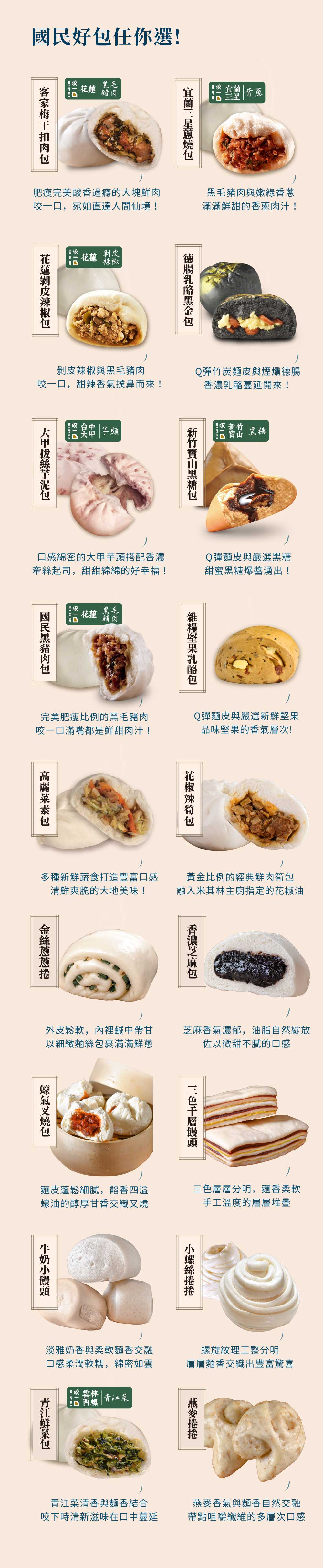 好任你選! BY 毛青蔥宜蘭肥瘦完美酸香過癮的大塊鮮肉一口,宛如直達人間仙境!花蓮花蓮剝皮椒毛豬肉與嫩綠香蔥滿滿鮮甜的香蔥肉汁!剝皮辣椒與黑毛豬肉咬一口,甜辣香撲鼻而來!咬 芋頭Q彈竹炭麵皮與煙燻腸蔓延開來!黑新竹寶山黑糖口感綿密的大甲芋頭搭配香濃牽絲起司,甜甜綿綿的好幸福!Q彈麵皮與嚴選黑糖甜蜜黑糖爆醬湧出! BY BITDI花蓮 黑毛豬肉國民黑豬肉乳酪完美肥瘦比例的黑毛豬肉咬一口滿嘴都是鮮甜肉汁!Q彈麵皮與嚴選新鮮堅果品味堅果的香氣層次!辣多種新鮮蔬食打造豐富口感清鮮爽脆的大地美味!黃金比例的經典鮮肉筍融入米其林主廚指定的花椒油香濃包外皮鬆軟,內裡鹹中帶甘芝麻香氣濃郁,油脂自然以細緻麵絲包裹滿滿鮮蔥佐以微甜不膩的口感氣麵皮蓬鬆細膩,餡香四溢蠔油的醇厚甘香交織叉燒三色層層分明,麵香柔軟手工溫度的層層堆疊淡雅奶香與柔軟麵香交融口感柔潤軟糯,綿密如雲螺旋紋理工整分明層層麵香交織出豐富驚喜咬 雲林 菜 西螺青江包青江菜清香與麵香結合咬下時清新滋味在口中蔓延燕麥香氣與麵香自然交融帶點咀嚼纖維的多層次口感